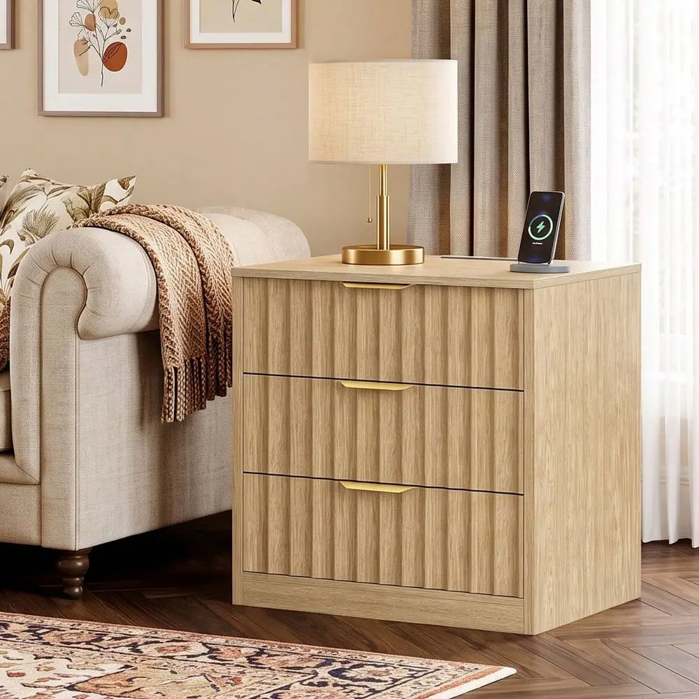 Set Of 2 With 3 Drawers, Modern Bedside Table With Charging Station And LED Lighting, Fluted Bed Side End Table With Metal Hand
