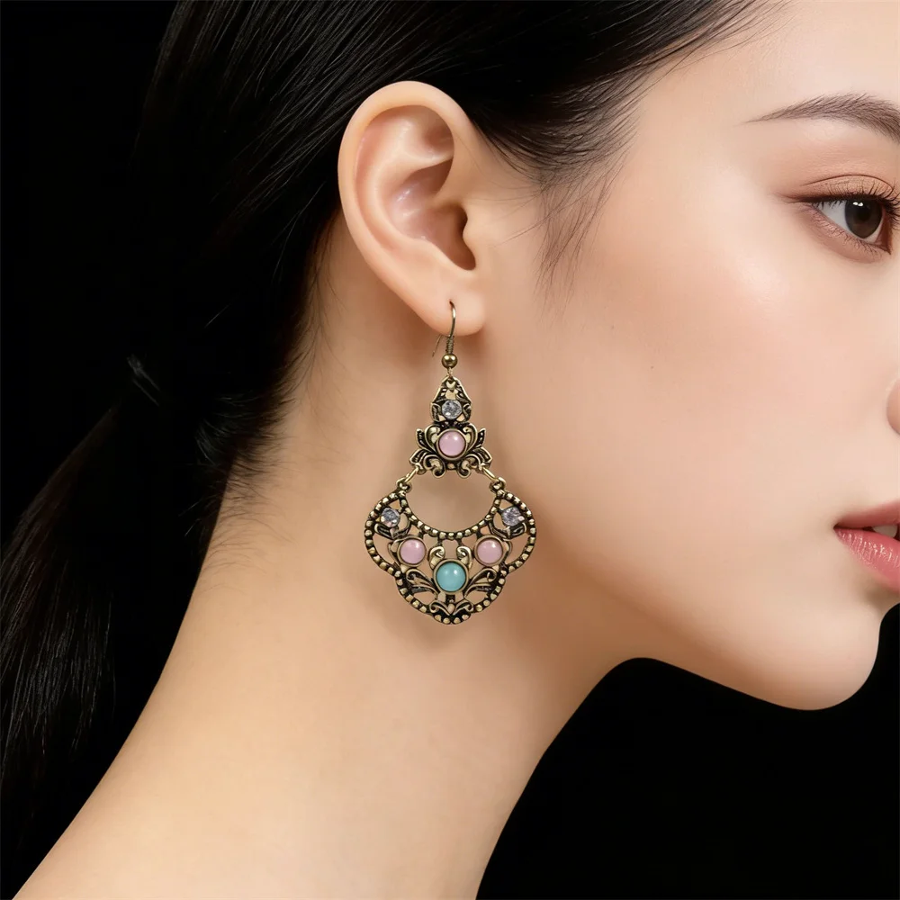 Vintage Boho Filigree Drop Earrings with Pink & Mint Stones Antique Bronze Ornate Chandelier Earrings for Women