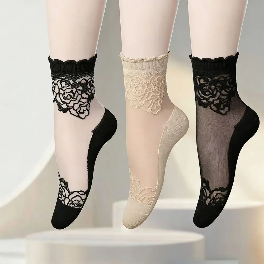 Soft Ruffle Invisible Lace Socks Non-Slip Hollow Sheer Silk Transparent Socks Rose Lace Boat Socks Women