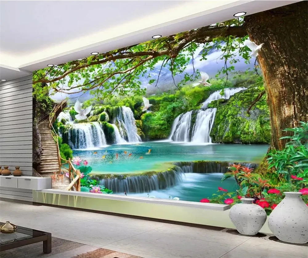 Custom wallpaper 3d European style architecture city photography background wall Leisure Green Tree Forest Waterfall Landscape