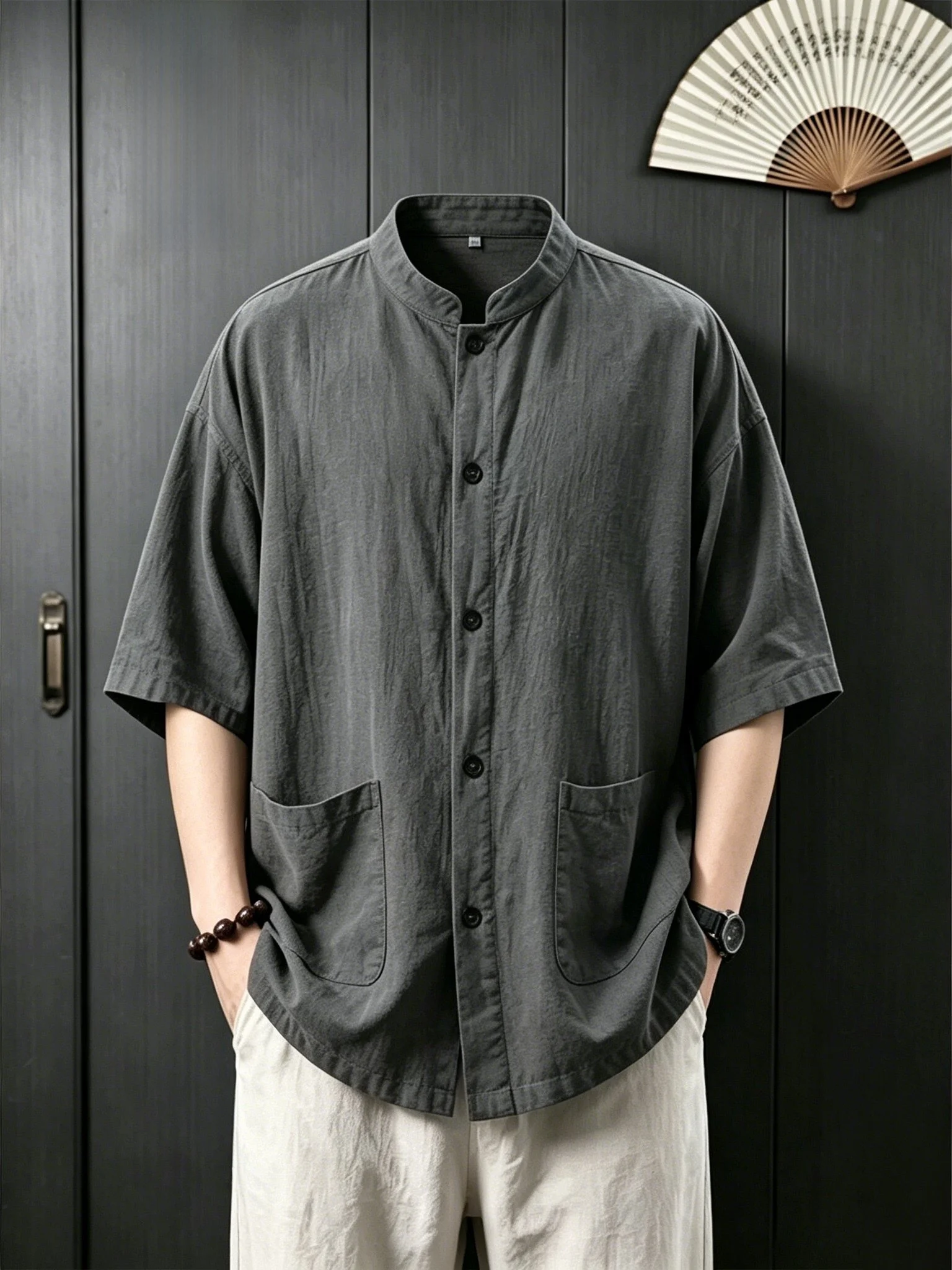 New Chinese Style Cotton Linen Short Sleeve Men's Shirt Lightweight Stand Collar Open Cardigan Summer Breathable Casual Shirt