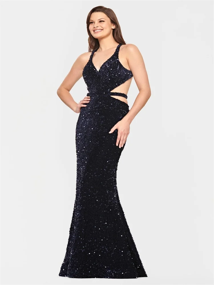 

Hot Selling V Neckline Sleeveless Thin Straps Sequin Sheath Evening Dress Sexy Open Back Floor Length Court Train Gown For Women