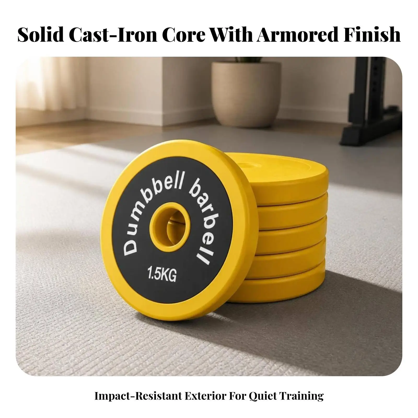 Cast Iron Core Rubber Weight Plate Load Disc for Barbell Dumbbell Strength Training Home Fitness Yellow Coating with Weight