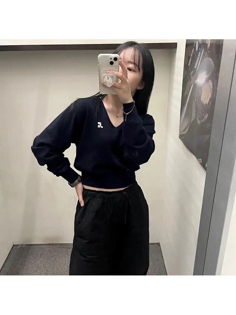 

Женский трикотажный джемпер с V-образным вырезом, облегающий, с завышенной талией, из хлопка, с длинным рукавом, укороченный, весенний модный тренд, бренд RR