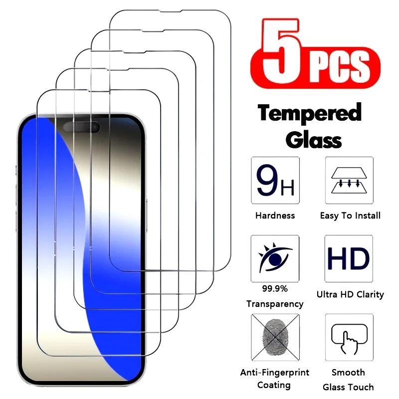 

5Packs 9H Hardness Screen Protector for iPhone 16 15 14 Pro Max 11 12 13 Pro Mini Tempered Glass For IPhone 7 8Plus XR XS Glass