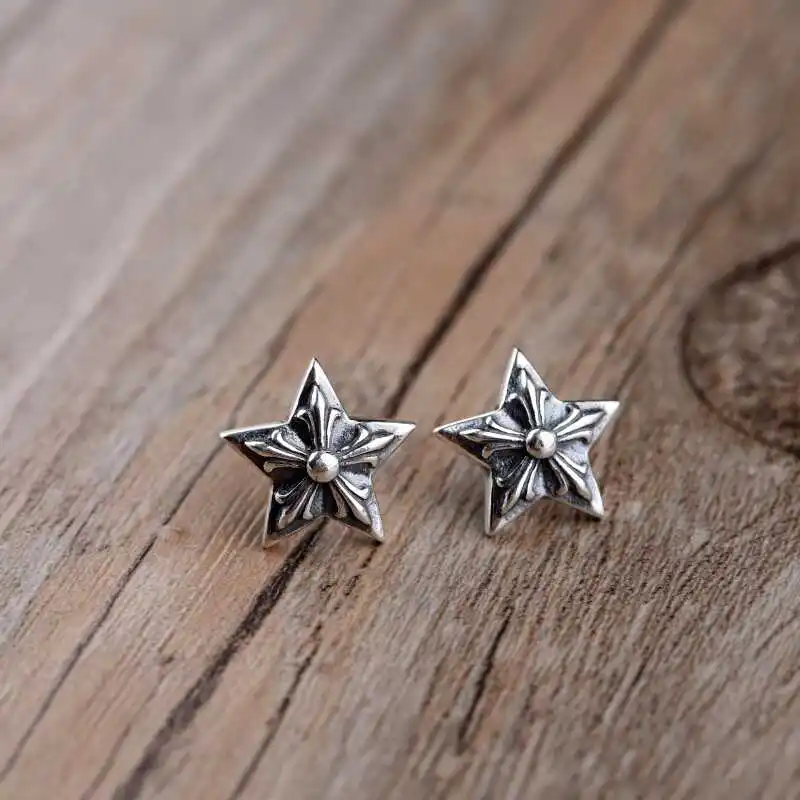 Street hip-hop earrings 925 sterling silver personalized retro hexagonal star temperament men's and women's trendy accessories