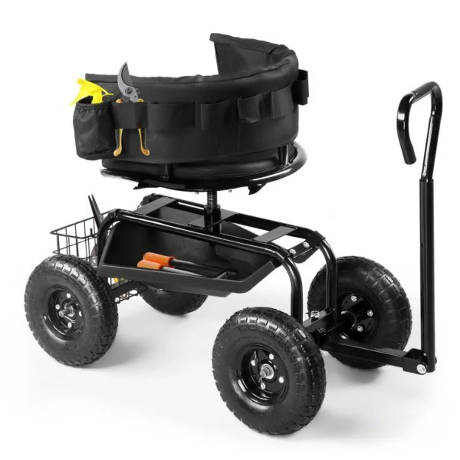 

Rolling Garden Cart with Cushioned Backrest and Seat Outdoor Gardening Stool for Planting Garden Scooter with 360 Degree Swivel