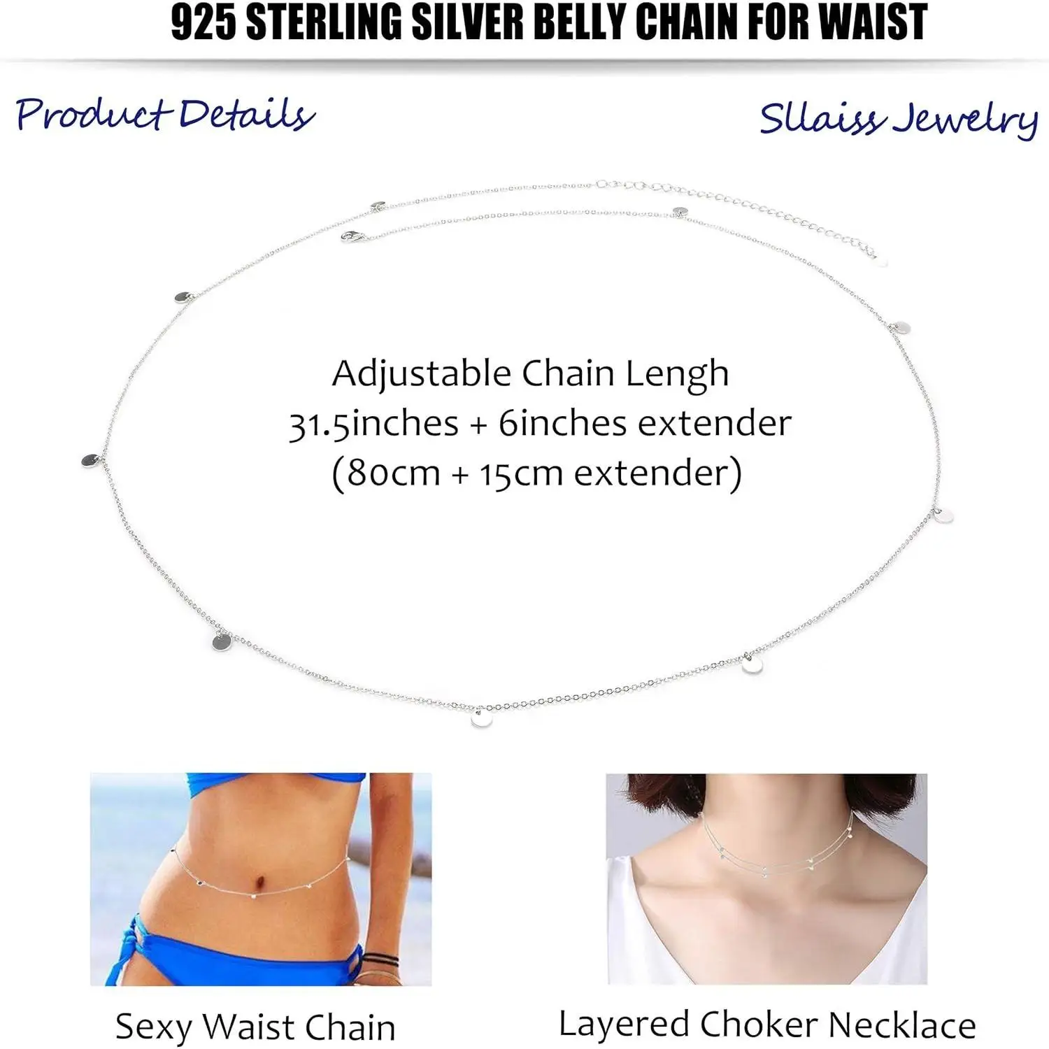 Fansilver 925 Sterling Silver Belly Waist Chain Body Jewelry per le donne Beach Bikini Belly Silver Chain Belt for Summer Beach