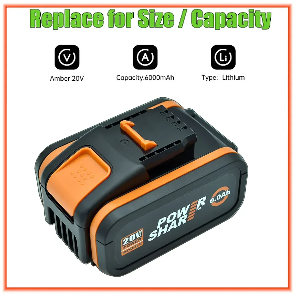 100% Original Worx WA3553 20V 6.0Ah Battery Cordless Power Tool Spare Batteriies WA3572 WA3553 WX390 WA3551 WX176 WX178 Battery