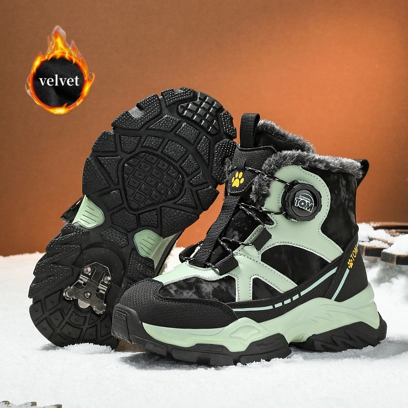 

Зимние бархатные детские зимние ботинки, Нескользящая треккинговая обувь с когтями, детские теплые уличные кроссовки для мальчиков и девочек, высокая спортивная обувь