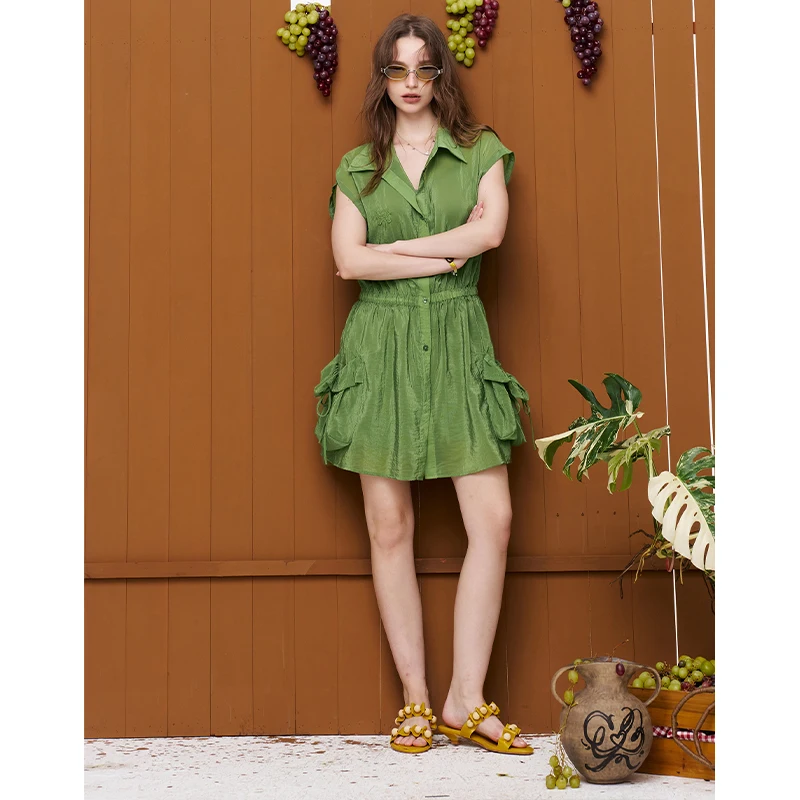 ELFSACK Sleeveless Shirt Dress, Drawstring Waist Cargo Mini Dress, Casual Utility Dress for Women