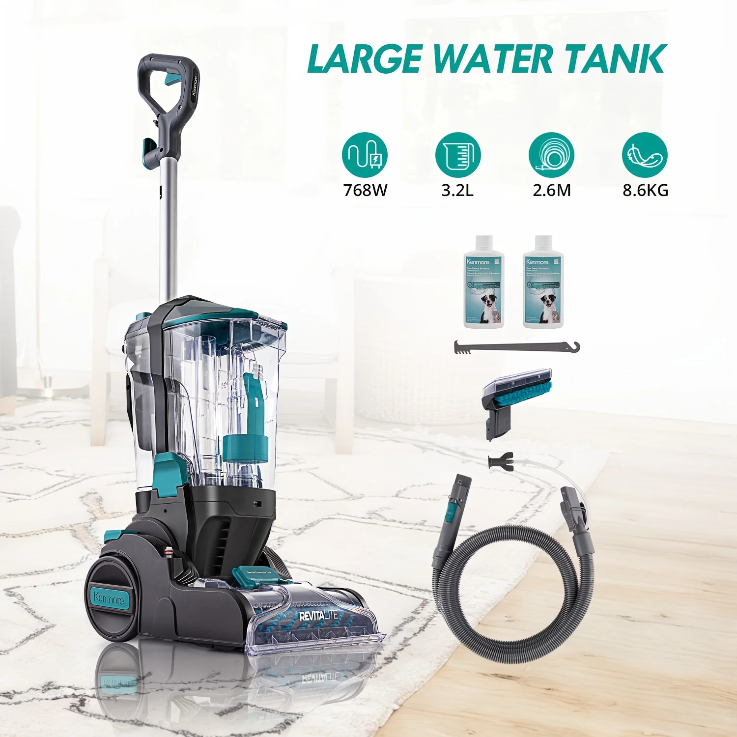 Professional Grade Dual Powered Brushroll Carpet Cleaner - 8ft Hose & Removable Head for Deep Cleaning Rugs, Upholstery & Stairs | 3.2L Clean Tank & 1.4L Dirty Tank, 25ft Cord, Lightweight Design | Includes 2 Tool Attachments, 8oz Cleaning Formula &