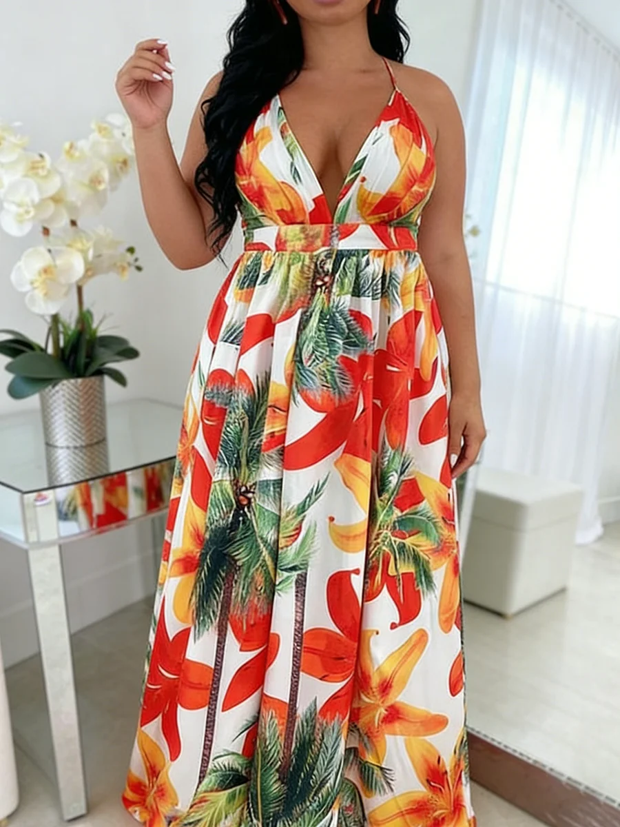 

Plus Size Women's Dress Halter Neck Deep V Tropical Print High Waist Maxi Dress Boho Spring Summer Beach Vacation Light Dress