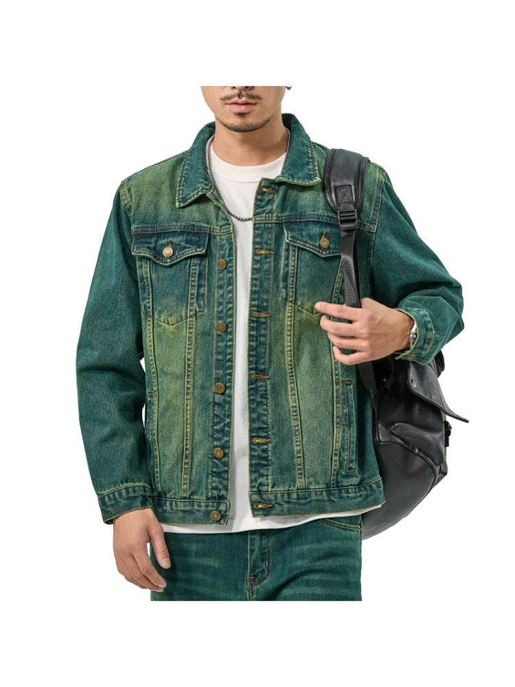 Water ghost green high-end American casual denim suit men's high street tide retro loose jacket large size workwear jacket