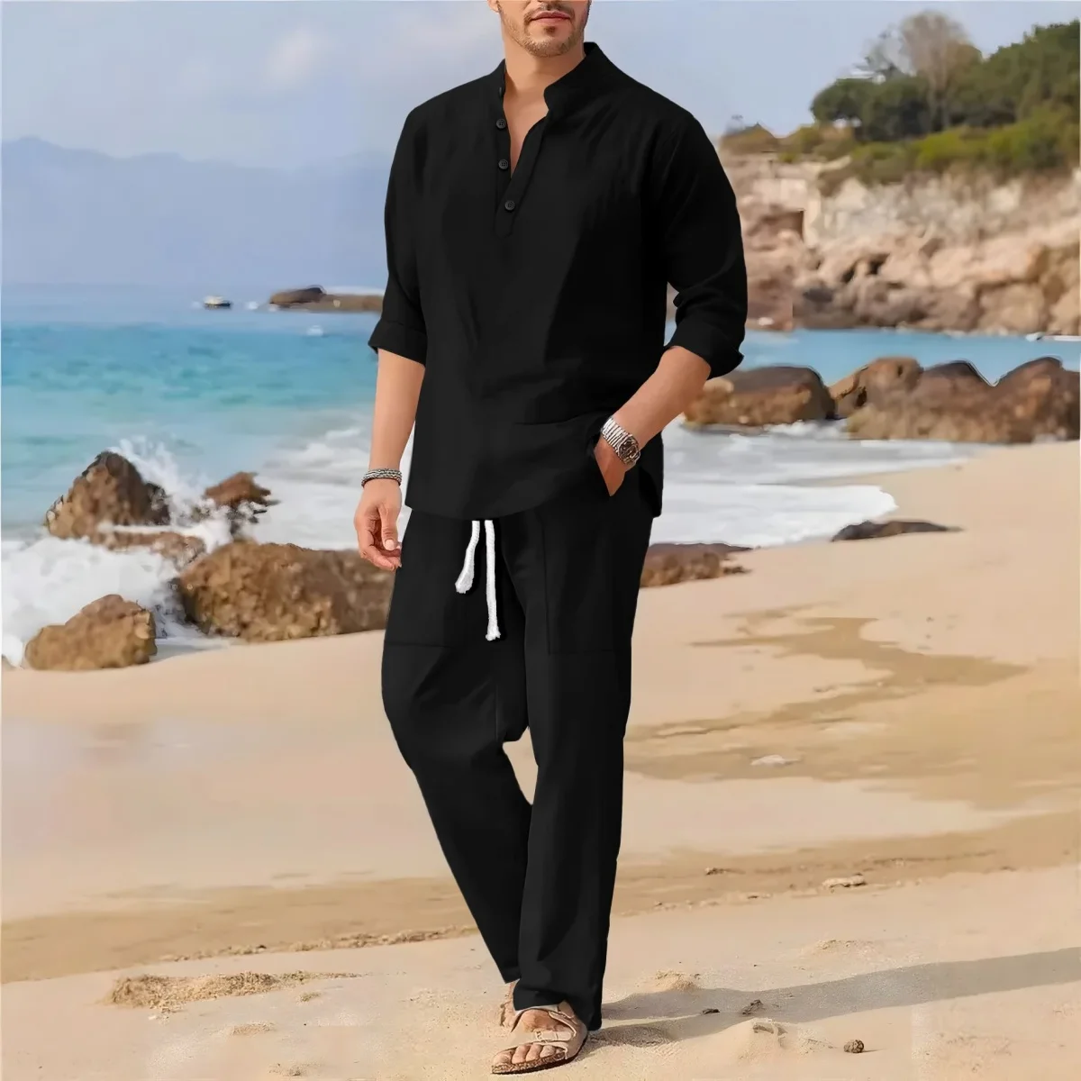 Men's Retro Cotton Linen Stand-Up Collar Long-Sleeved Suit Spring-Autumn Fashionable Loose Pure-Color Two-Piece Set