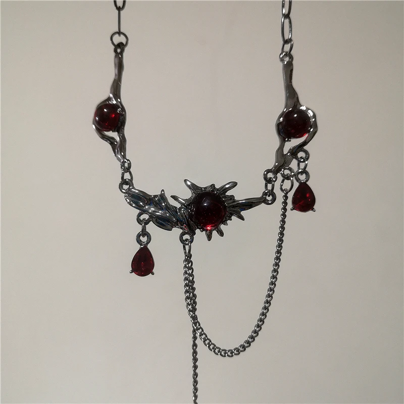 Gothic Roter Kristall Quaste Anhänger Schwarze Kette Halskette Für Frauen Männer Charms Hiphop Y2K Grunge Goth Zubehör Schmuck
