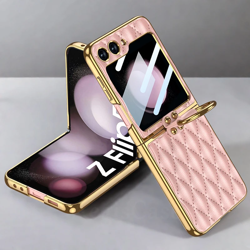 

Чехол для Samsung Galaxy Z Flip 6 5, кожаный держатель с кольцом и бриллиантами, защитная пленка для экрана, край крышки для Galaxy Z Flip6, чехол