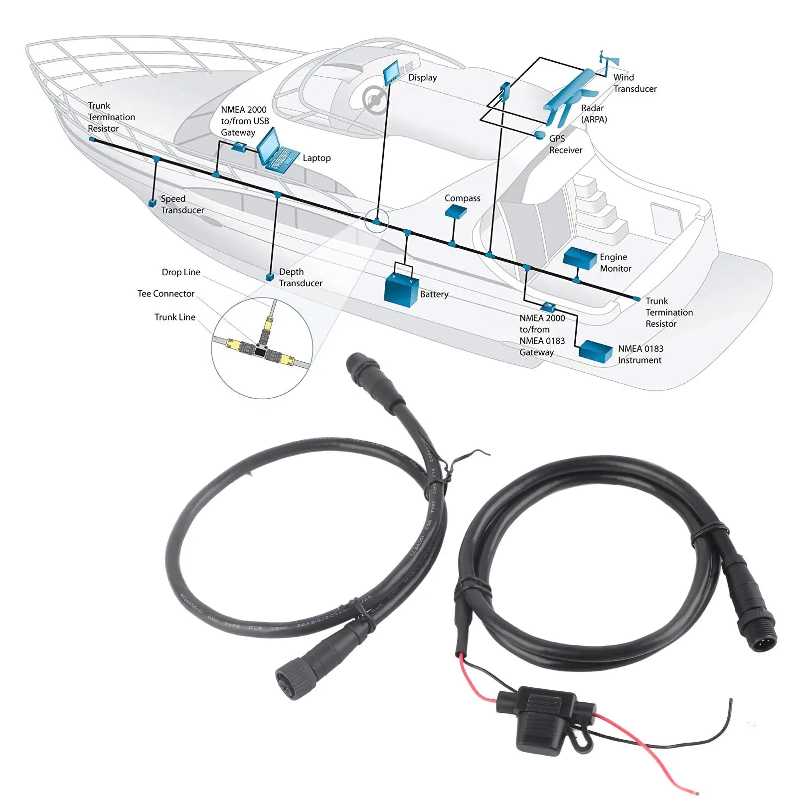 Marine NMEA 2000 Starter Kit Power Cable + Male/Female T Connector for lowrance Networks