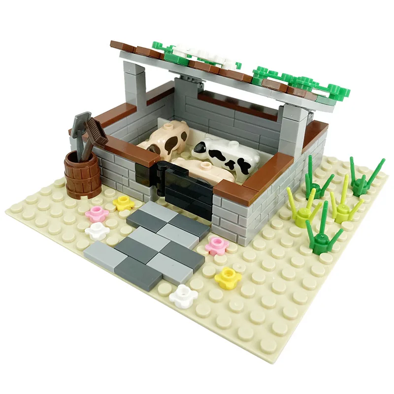 Bauernhof MOC Bausteine Tier Teile Weide Ziegel Kits Spielzeug Hühnerstall Schwein Haus Bullpen Vogelhaus Kompatibel mit LEGO – Detail 5