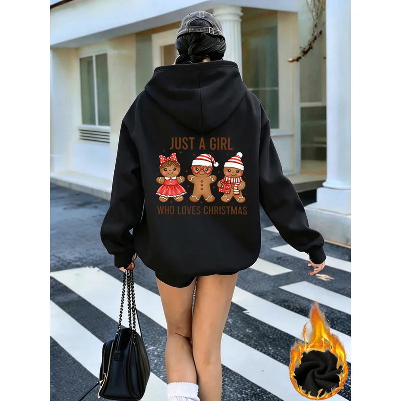 Autumn and winter fleece-lined hooded sweatshirt for women, featuring gingerbread man and Christmas tree prints