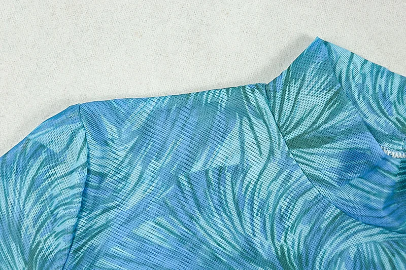 JENYAGE Damen Transparentes Maxikleid mit hohem Kragen, langen Ärmeln, blauem Blattdruck, Patchwork, langer, weitem Rock, afrikanisches Party-Abendkleid – Detail 8