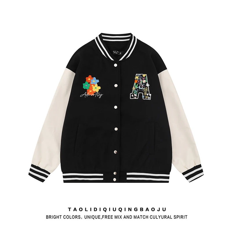 

Женская куртка с воротником-стойкой и американской цветочной вышивкой в стиле ретро, свободная цветная блузка из искусственной кожи, верхняя одежда для бейсбола