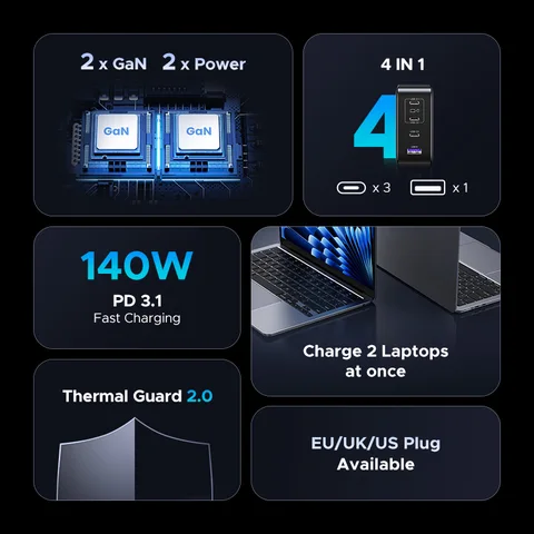 UGREEN Зарядное устройство GaN мощностью 200 Вт QC4.0 3.0 Быстрая зарядка для ноутбука Macbook Pro iPhone 17 16 Samsung S25 Xiaomi Tablet PD 3.1 Быстрое зарядное устройство