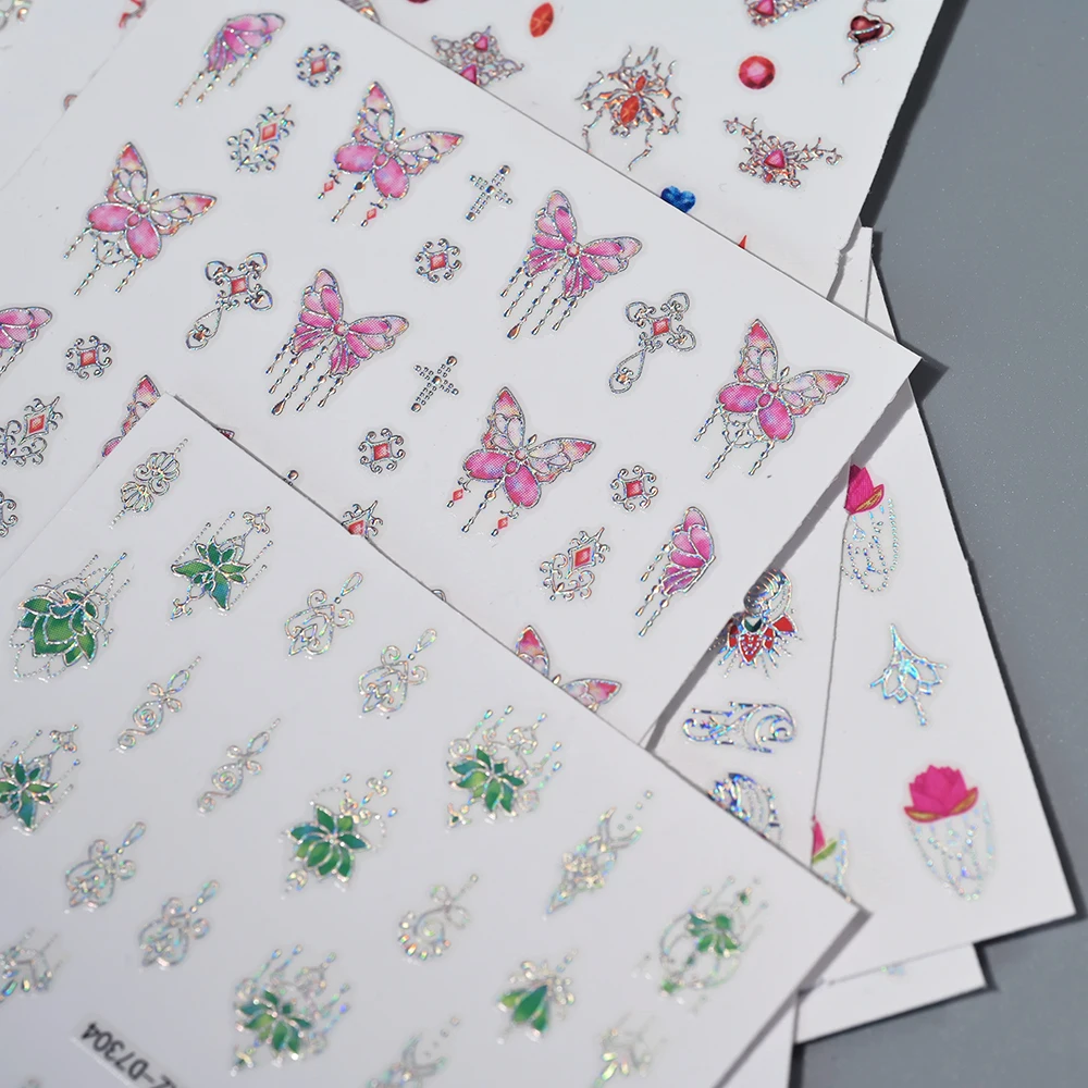 12 szt. Metaliczne naklejki na paznokcie 5D w stylu retro, frędzle, motyle, naklejki w stylu lotosu, wiszące klejnoty, samoprzylepne dekoracje do paznokci