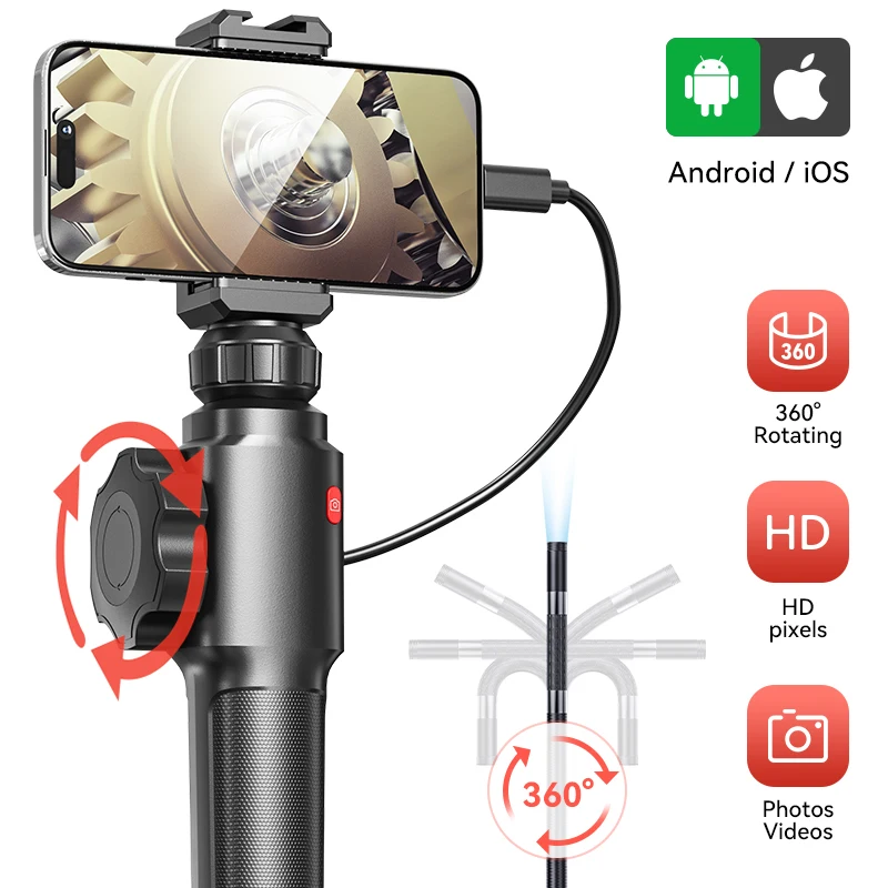 Industrial Endoscope Camera 8.5mm Articulating Camera Single/Dual 180°Rotation Car Inspection Camera with 8LED for IOS Android