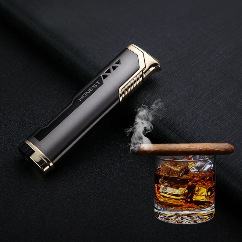 2024 HONEST Slim Strip Gas Lighter Windproof Blue Flame Cigar Turbine Torch Visible Air Window Comfortable Feel Hgih-end Gift