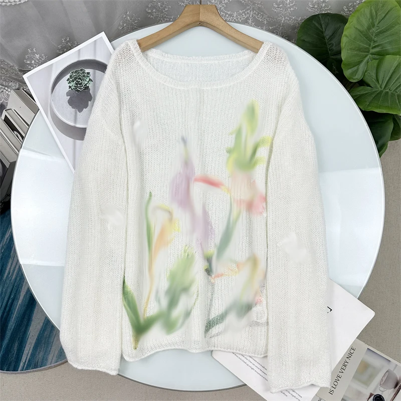 

Женский модный тонкий вязаный свитер с круглым вырезом из смесового волокна, с принтом в стиле граффити и элементами художественного танца, в непринужденном французском стиле, длинный.