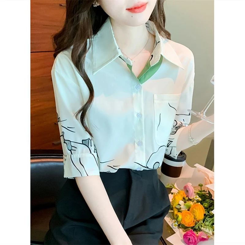 Women Korean Fashion Contrast Color Print Shirts 2024 Summer Chic Sweet Design Y2K Blouse Casual Short Sleeve Loose Tops Camisas