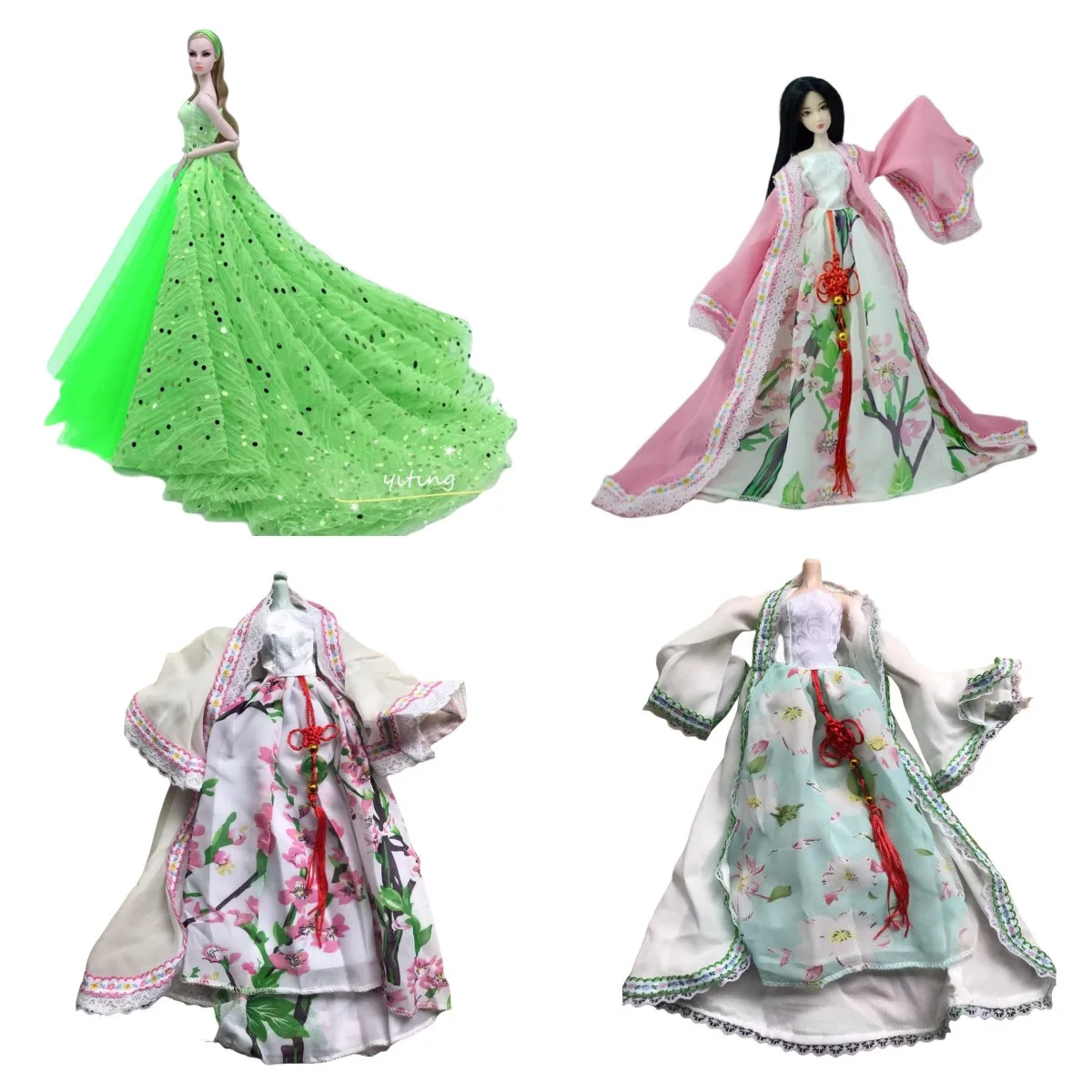 Chinese Classic Doll Dress Pink White Green Color Doll Clothes 1/6 Doll Decors Sequined Doll Wedding Dresses