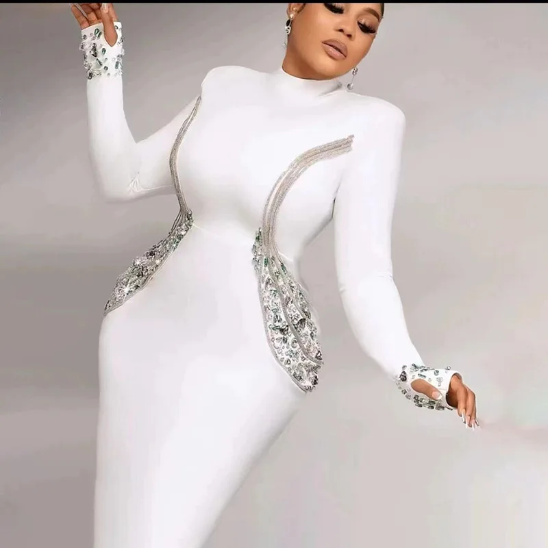 

New hot-selling high-end classic sexy autumn and winter white long-sleeved bandage dress fashionable rhinestone long-sleeved tur