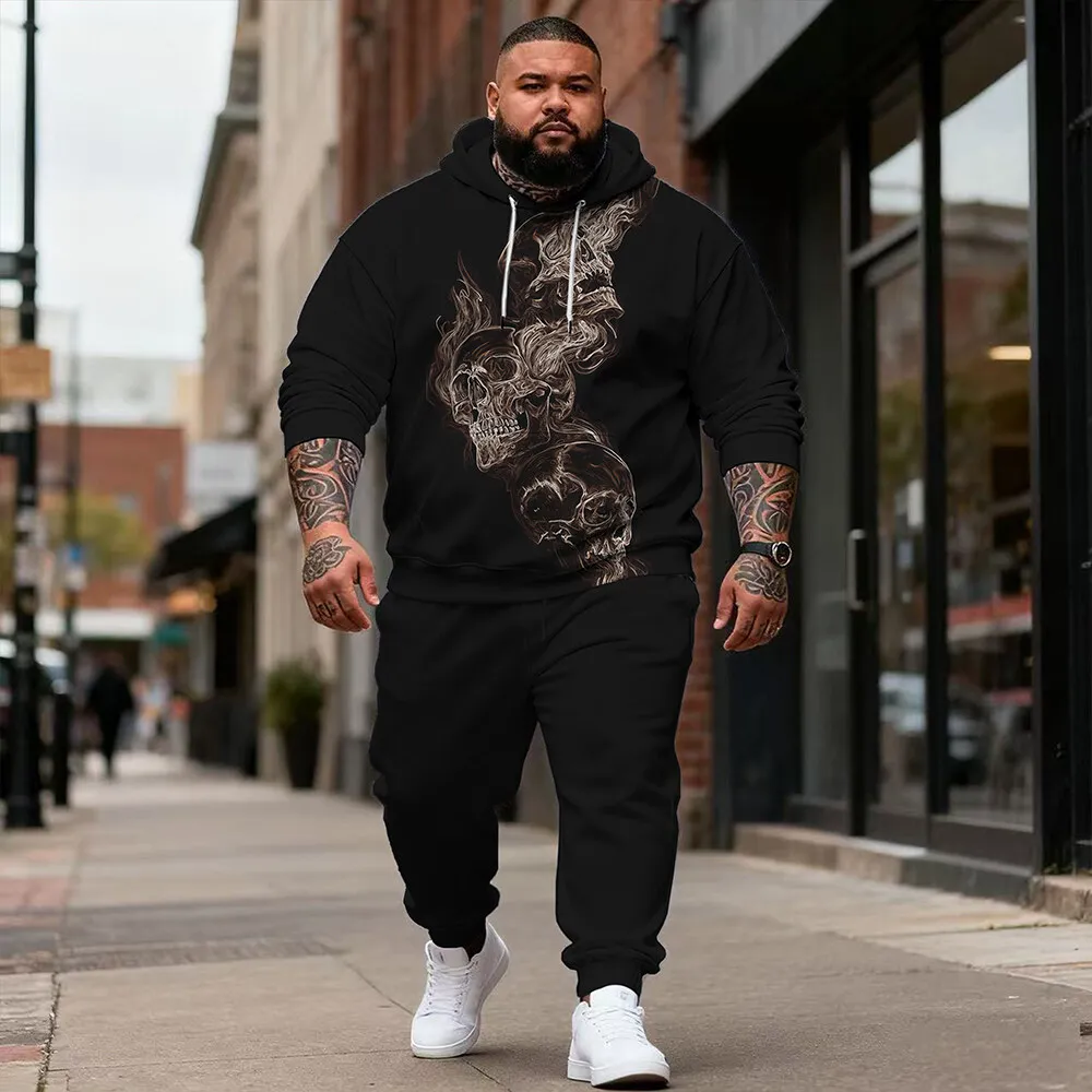 

S-9xl Модный мужской комплект с капюшоном с черепом больших размеров — удобный комплект из двух предметов для парней больших размеров