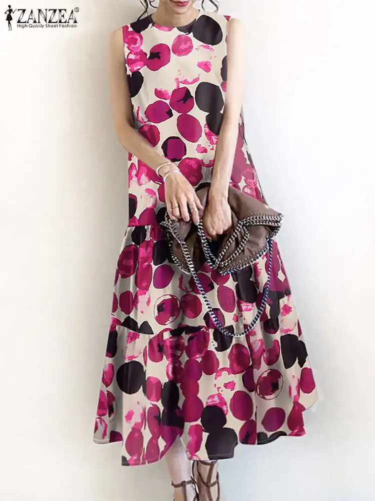 2024 ZANZEA Bohemian Sundress Women Summer Dresses Fashion Casual Ruffles Hem Long Vestido Sleeveless Floral Printed Robe Femme