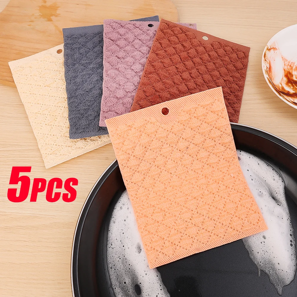 1/5PCS Polyester Cleaning Towels Non-stick Oil Towel Thickened Absorbent Table Cloth for Kitchen Gadget Household Cleaning Tool