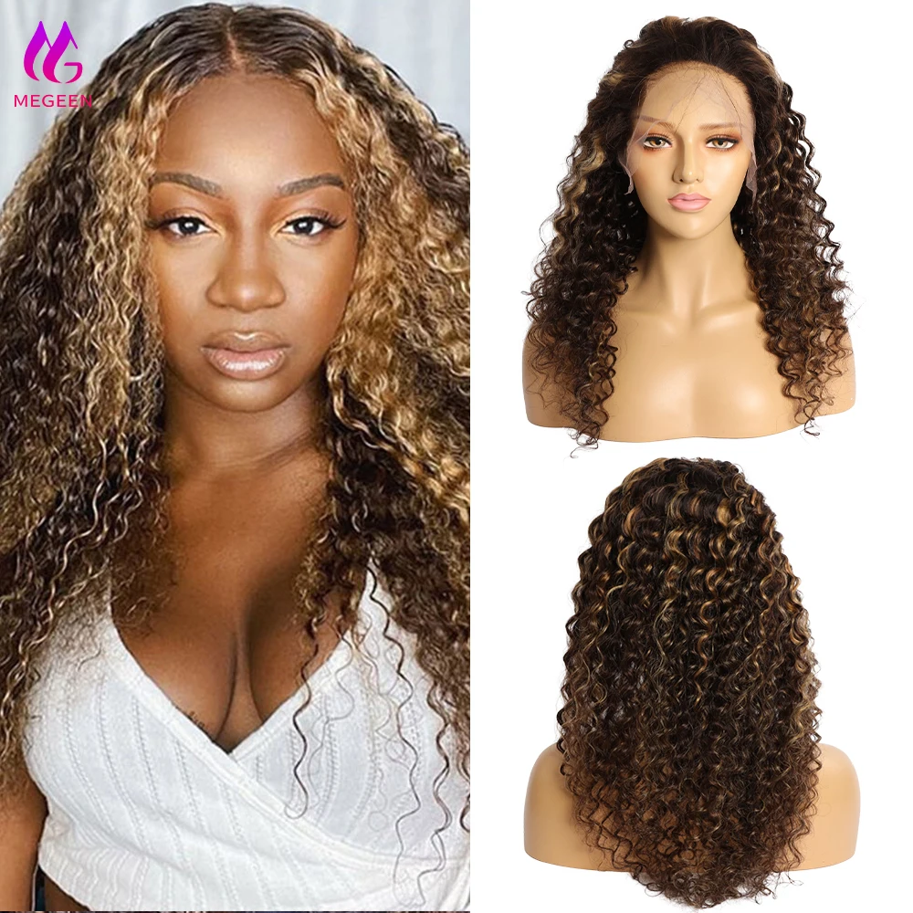 Megeen Curly 13x4 HD Lace Front Wig Human Hair with Baby Hair P4/27 Highlight Deep Wave Transparent Lace Frontal Wig Virgin Hair