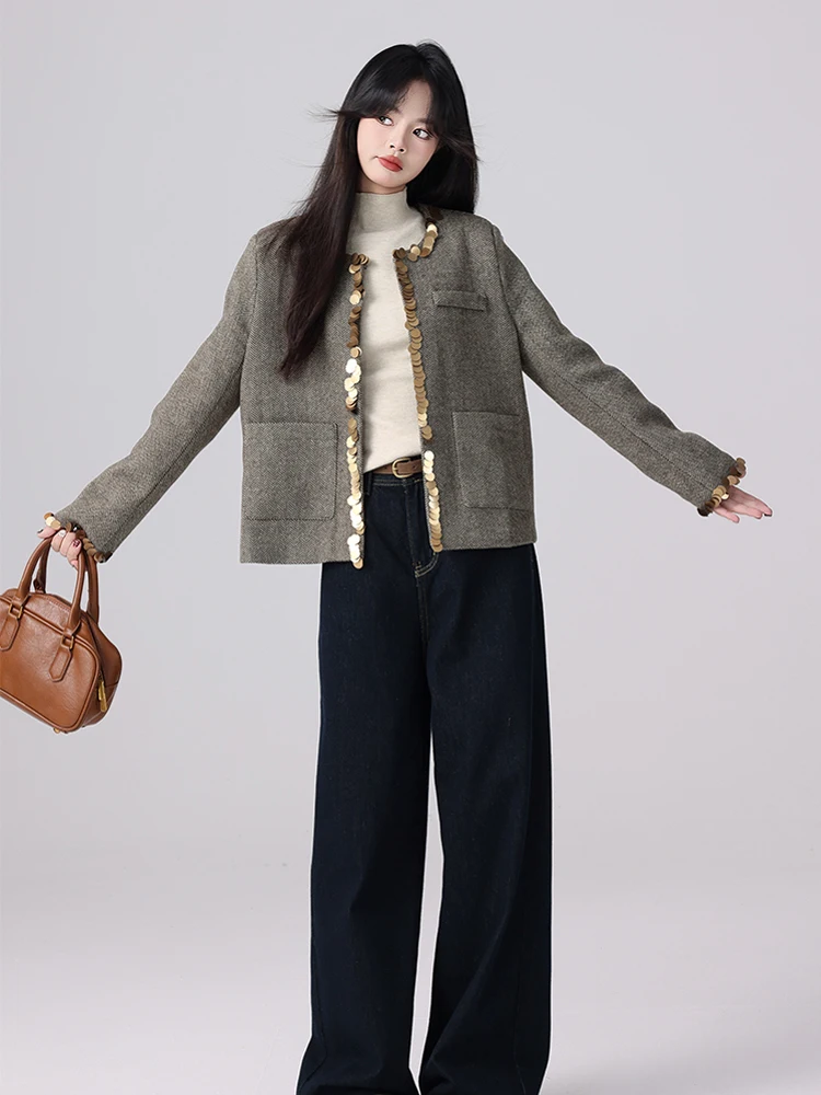 Luxe Lovertjes korte jas Vrouwen 2023 Nieuwe O-hals lange mouwen zakken jas Club kleding Lente Herfst Vintage INKEO 4O116