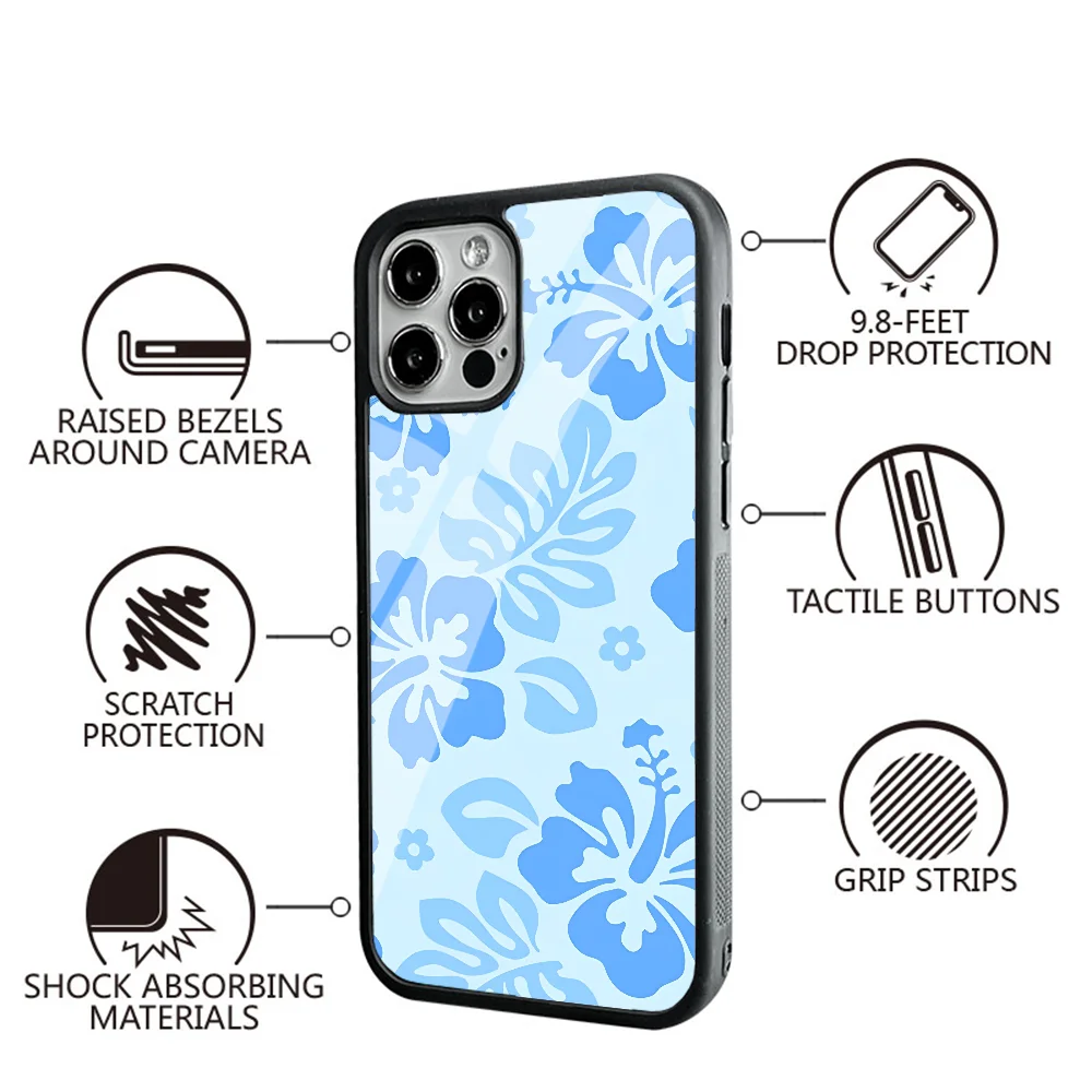 Blue Hibiscus Retro Hawaiian Flower Phone Case For IPhone 11 12 13 14 15 Plus Pro Max Mirror Acrylic PC TPU Cover