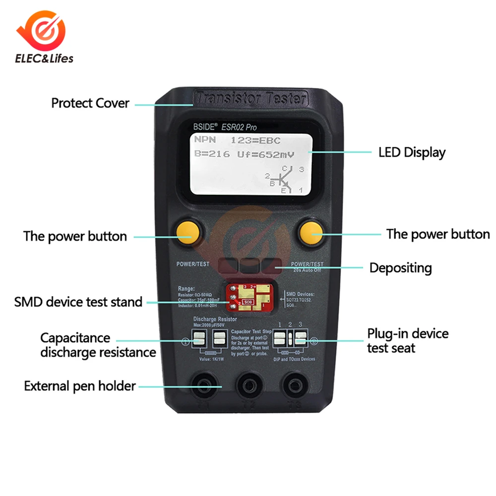 Imagem -02 - Multi-purpose Smart Transistor Tester Esr Smd Esr02pro Diodo Triode Capacitância Resistor Medidor Medidor Lcd Mos Pnp Teste Npn Esr02