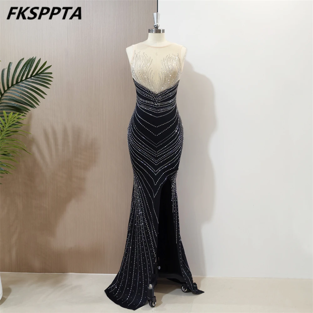 Long Stunning Black Mermaid Evening Dress 2024 Crystals See Through Sexy Women Special Occasion Gowns In Stock Robe De Soiree