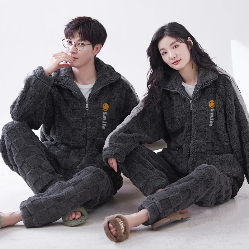 High Quality Couple Pajamas Set Casual Flannel Sleepwear Women Men Warm Fleece Pijama Winter Lovers Kimono Home Clothing