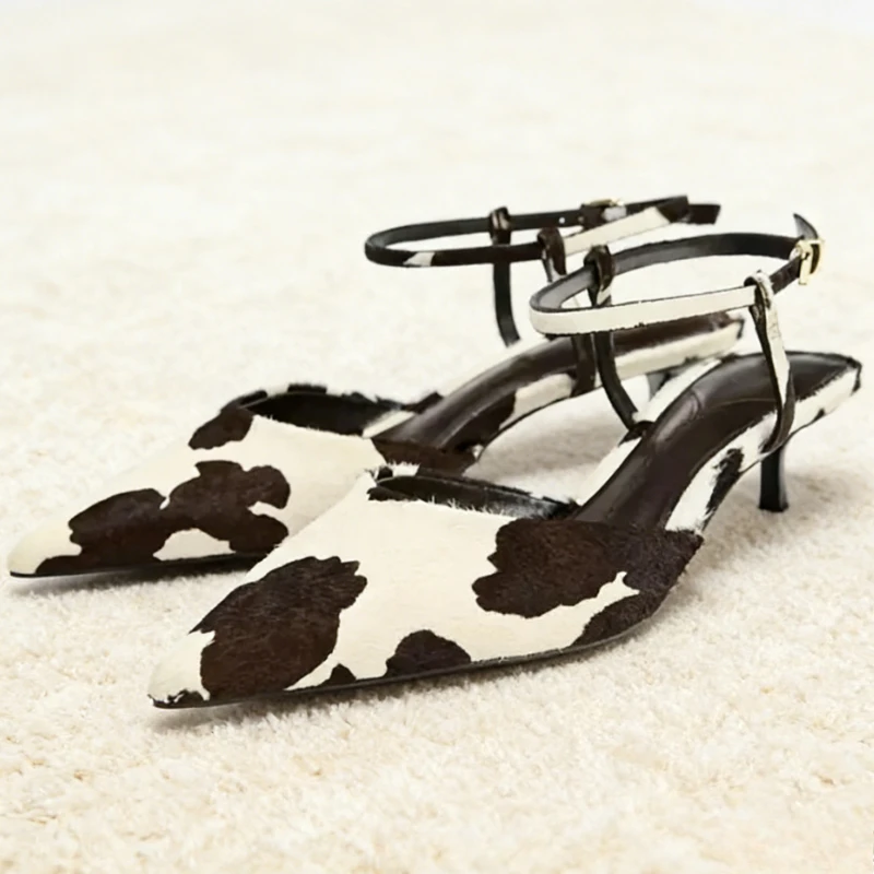 

Novelty Cow Print Kitten Heel Designer Pumps Sexy Pointed Toe Ankle Strap Elegant Heels for Ladies Comfort Autumn Mules Sandals