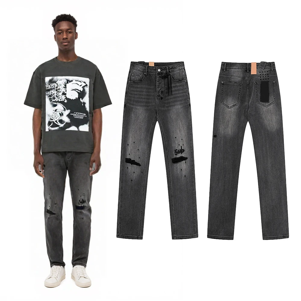 

Streetwear Clothing Letter Embroidery Slim Fit Jeans Hiphop Street Style Cotton Casual Retro Distressed Ripped Skinny Pants Mens