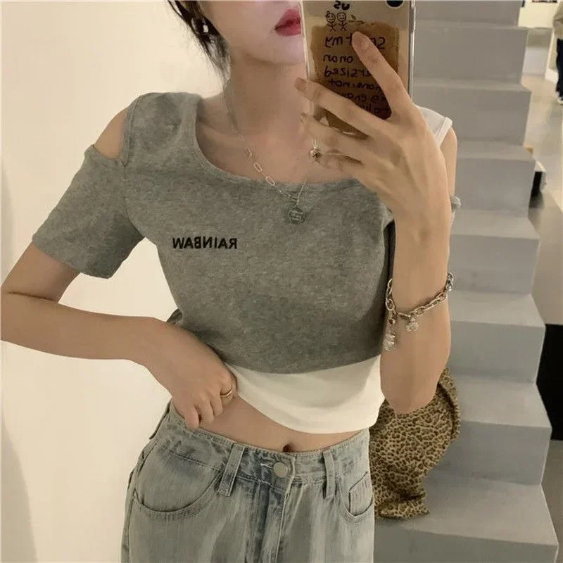 

2025 Fashion Harajuke Fake Two Piece T-Shirt Women Summer New Letter Print Cropped Off Shoulder Top Female Short Sleeve Tee