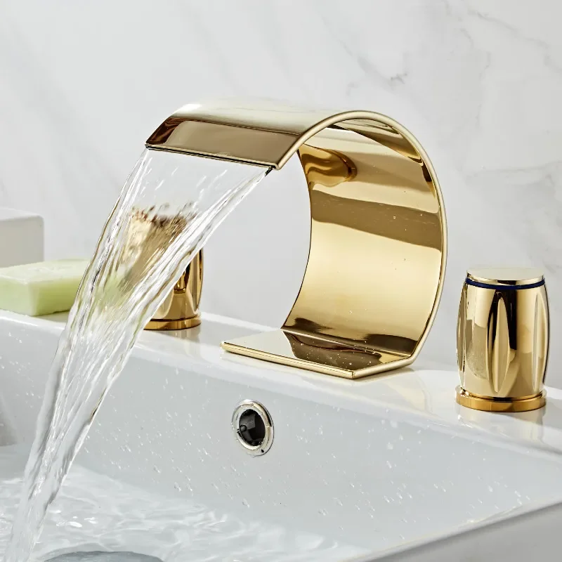 Basin Total Brass Gold Deck Mounted Bathroom Sink Faucets 3 Hole Double Handle Hot And Cold Waterfall Faucet Water Tap