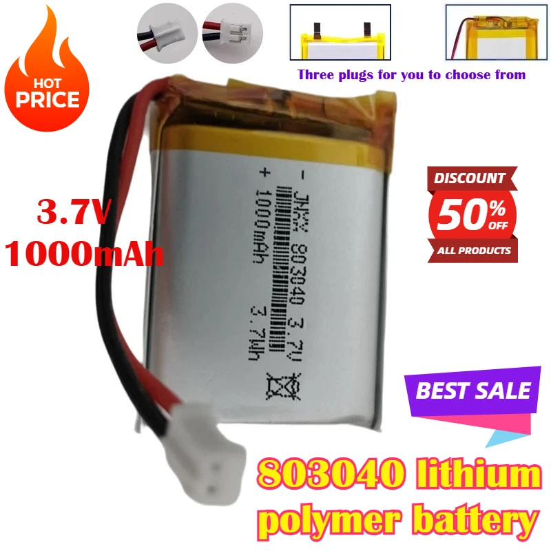 

803040 Lithium Polymer Battery 1000mah 3.7V Rechargeable Batteries Li-Po for Toy Power Bank GPS Laptop Camping Lights Diy