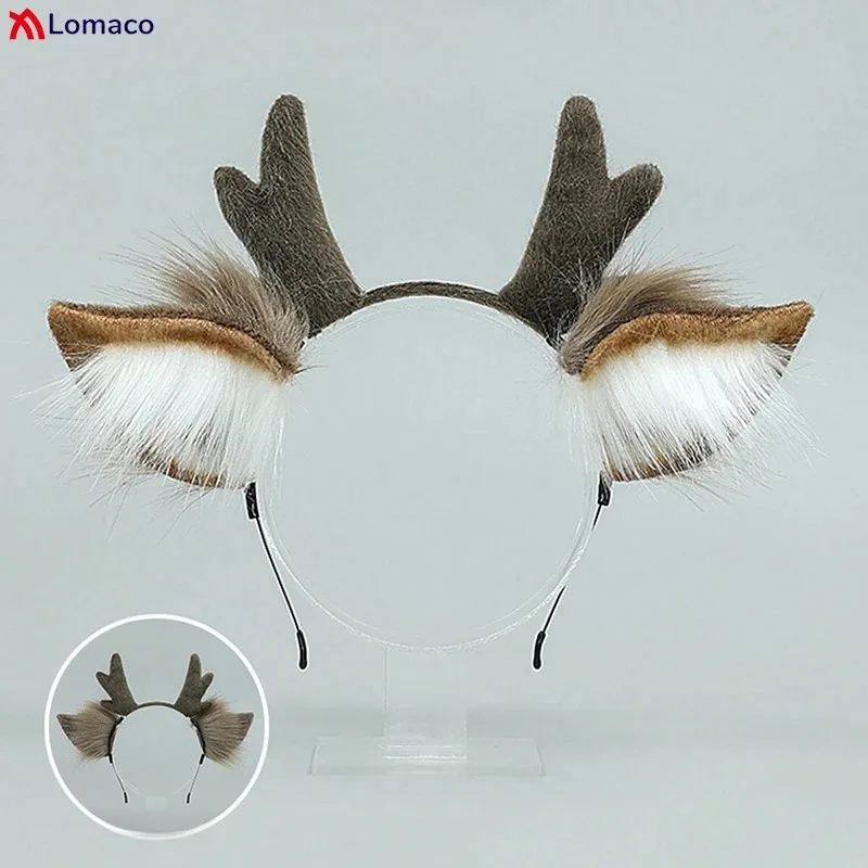 CyPlush повязка на голову с рогами оленя, искусственный мех, повязка на голову с ушками оленя, маскарад, рождественская вечеринка, реквизит для косплея, пушистый аксессуар для волос