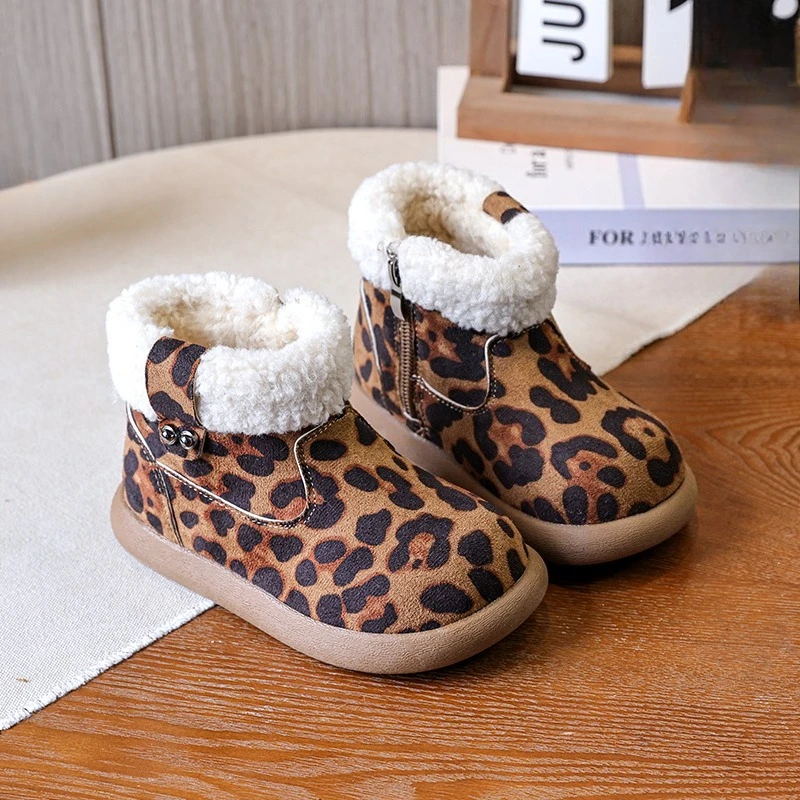 

Outdoor Kids Plush Boots Leopard Printed Children's Platform Ankle Boots Classic Trend Non-slip Girl Causal Cotton Boots Fashion